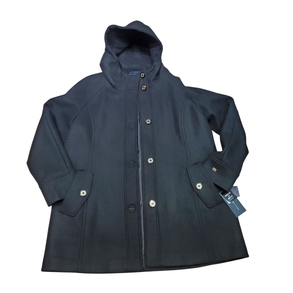 NWT Tommy Hilfiger Black Wool Blend Hooded Button Front Coat Jacket Women's XL